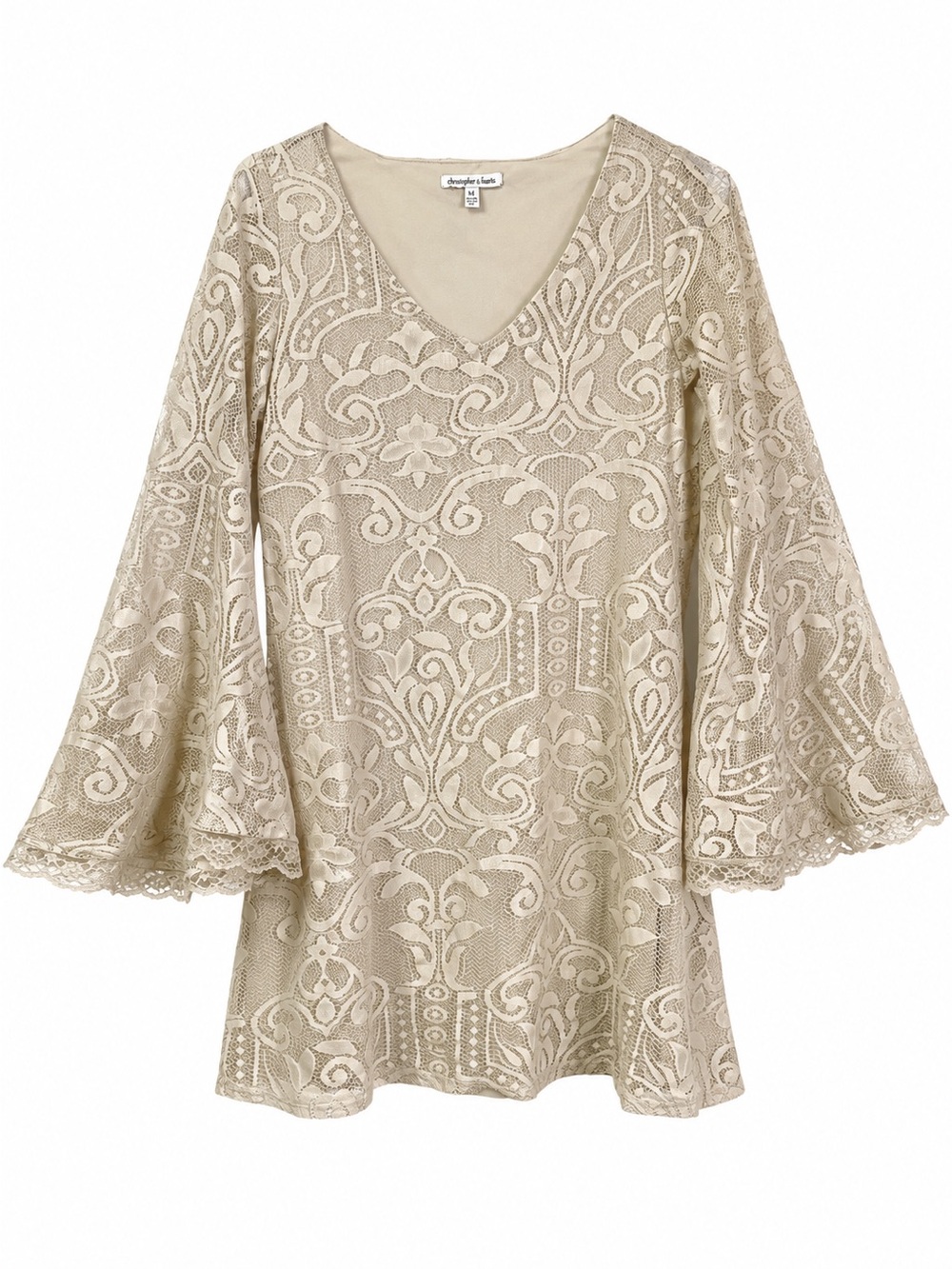Charlotte Russe Y2K Lace Bell Sleeve Mini Dress Beige XS Boho Festival Whimsical